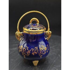Limoges France 22K Gold Painted Cobalt Blue Mini Figurine Cooking Pot Doll House